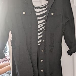 Rainbow Black Distressed Long Jean Jacket